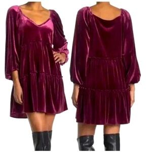 Betsey Johnson Velvet Burgundy Tiered Puff Long Sleeve Mini Dress Medium